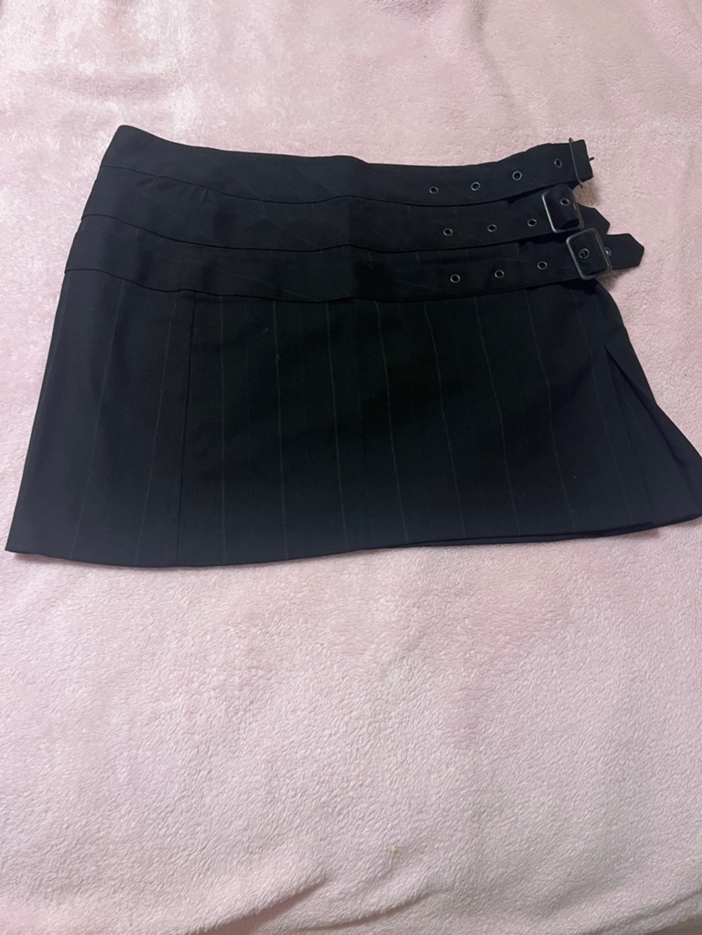 Vintage Express Black Pinstriped Mini Skirt with Triple Buckle Straps